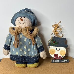 Charming Denim Snow Girl Figurine Snowman Hanger